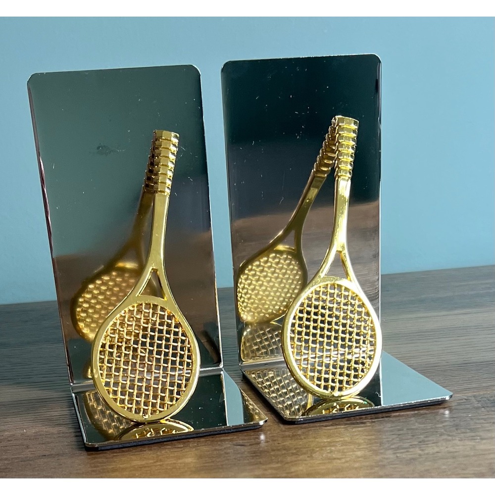 Vintage Gold Tennis Racket Chrome Bookends Sports Decor Set of 2 Mixed Metal
